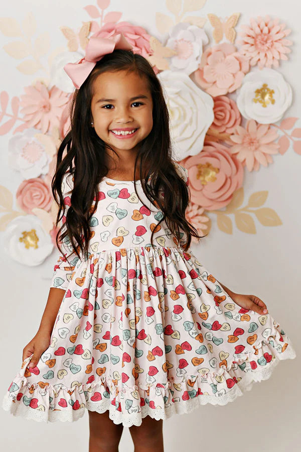 Valentines Day Candy Hearts Dress with Eyelet Trim