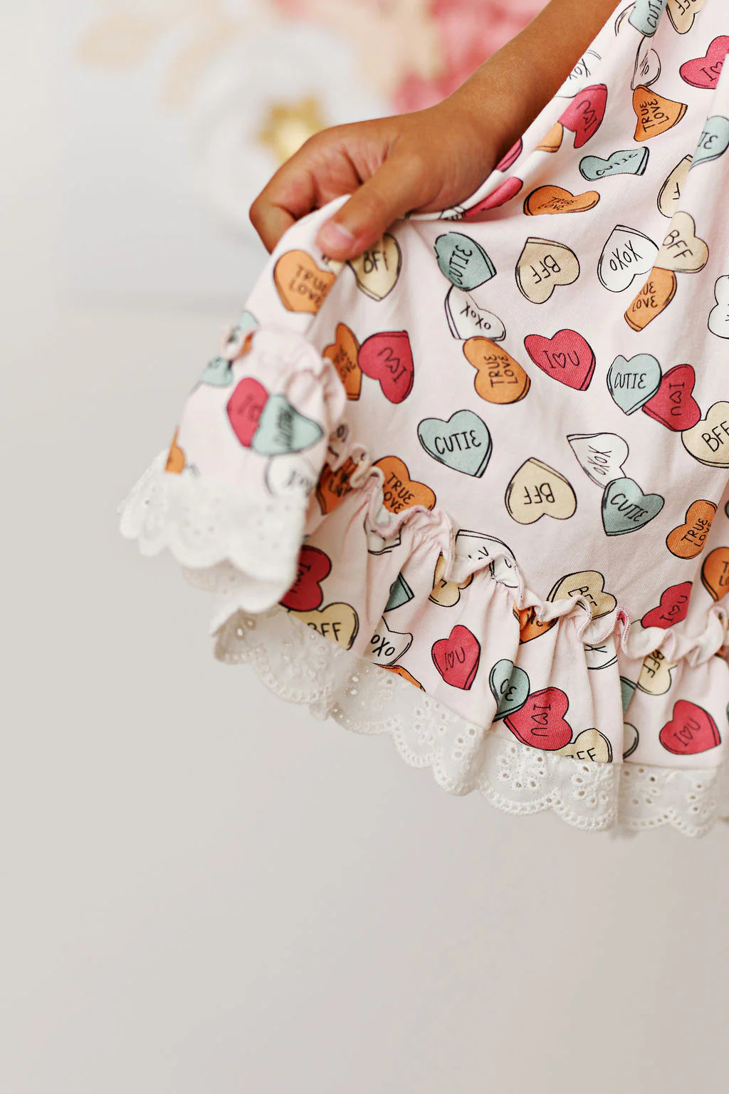 Valentines Day Candy Hearts Dress with Eyelet Trim