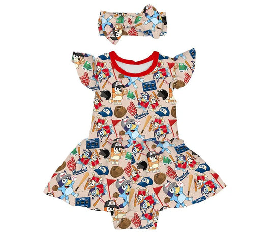 Bamboo Twirl Skirt Bodysuit with Headband (Claire)- BLUEY BASEBALL BUDDIES