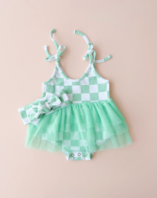 Tutu Romper | Checkered Mint: 12-18M