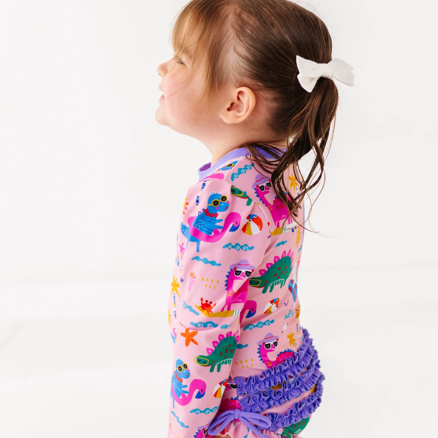 Pink Dino Long Sleeve Ruffle Swimsuit: 12-18 Months