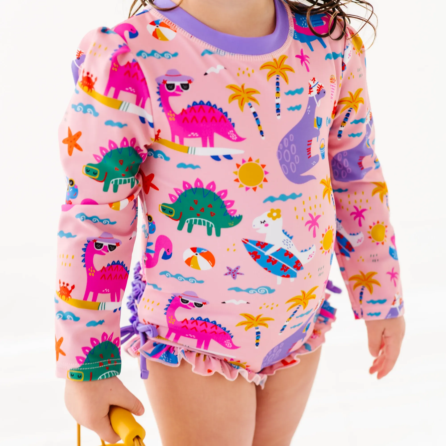 Pink Dino Long Sleeve Ruffle Swimsuit: 3T