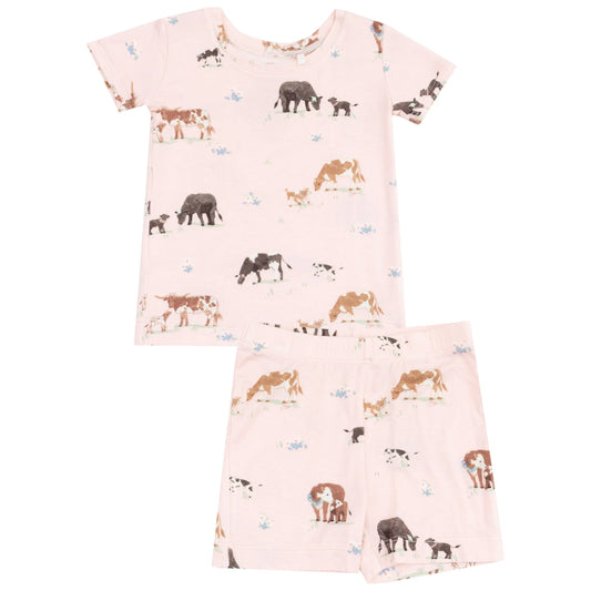 Short Sleeve and Shorts 2pc Pajama Set- COW FAMILIES PINK