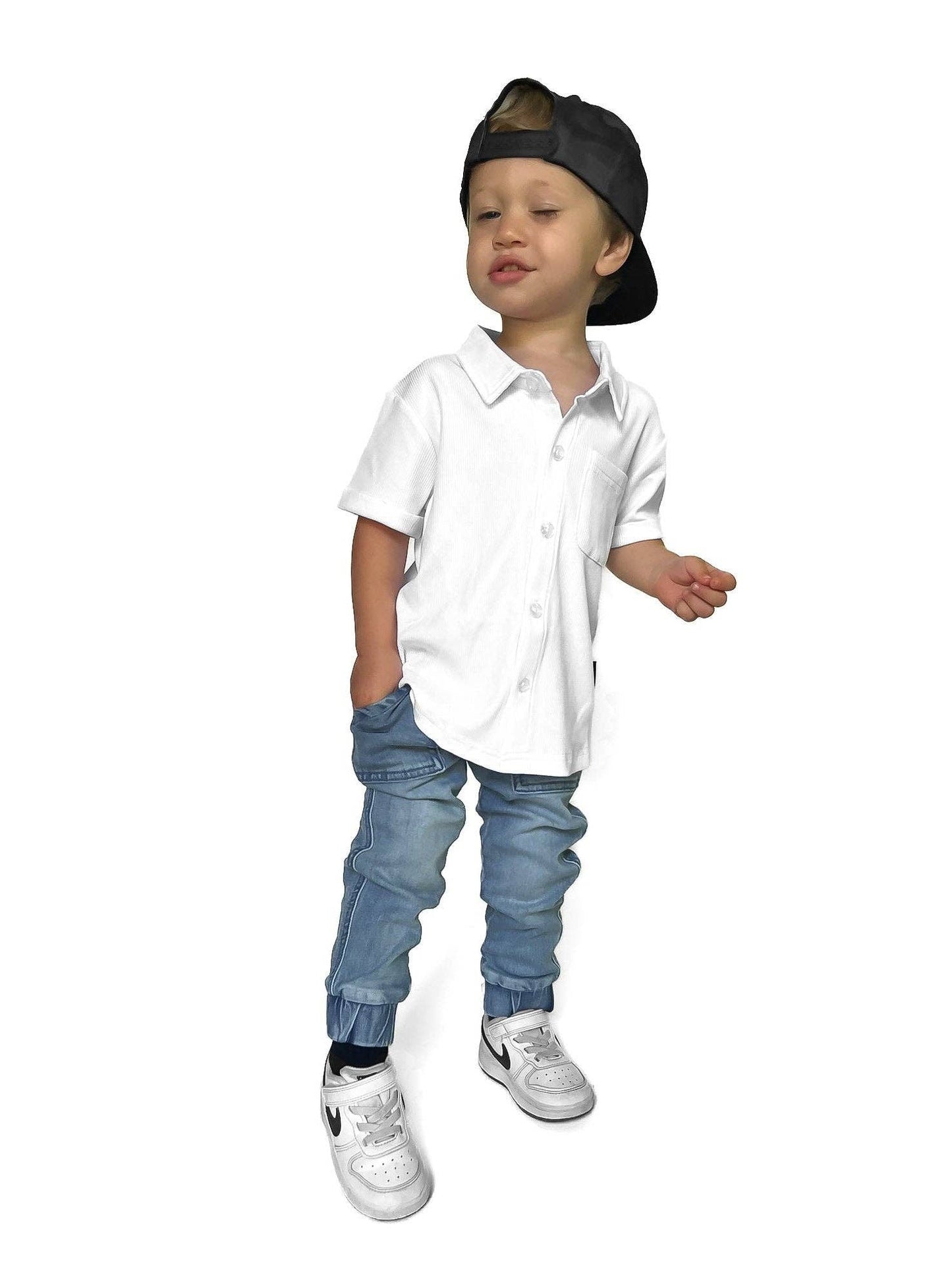 BAMBOO RIBBED BUTTON UP - WHITE: 4T
