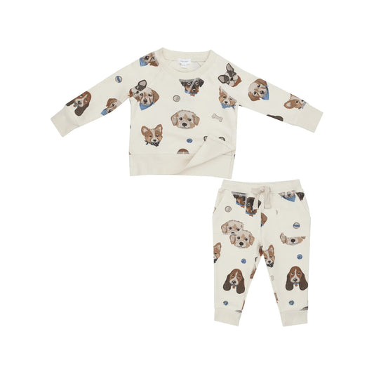 French Terry Raglan Sweatshirt and Jogger Set- VINTAGE PUPPY FACES