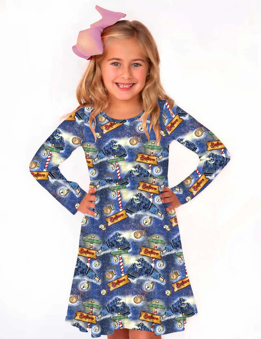 Girls Long Sleeve Bamboo Twirl Dress (AVA)19.- MERRY & BRIGHT POLAR EXPRESS