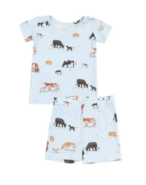 Short Sleeve and Shorts 2pc Pajama Set- COW FAMILIES BLUE