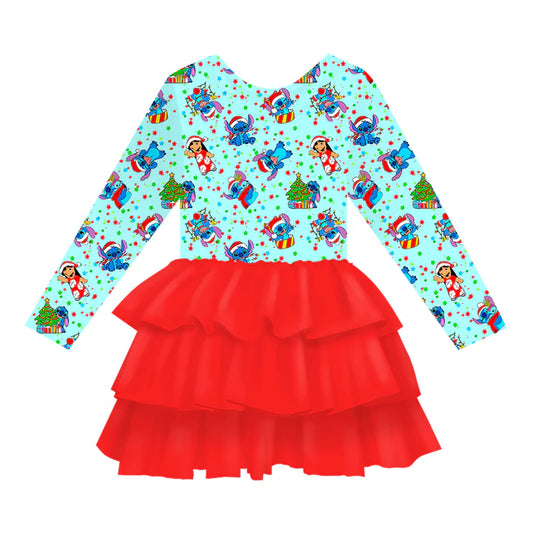 Girls Long Sleeve Bamboo Tiered Tulle Dress- MERRY & BRIGHT SANTA SNITCH