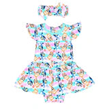 Bamboo Twirl Skirt Bodysuit with Headband (Claire)- SPRING FEVER TRUE BLUE